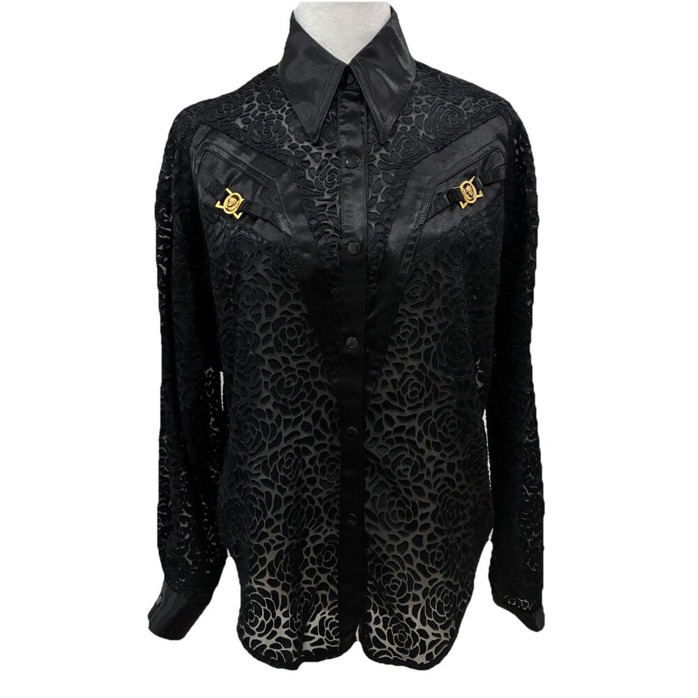 Vtg Black Sheer Lace & Satin Button Front Blouse Goth Whimsygoth BAROQUE Small